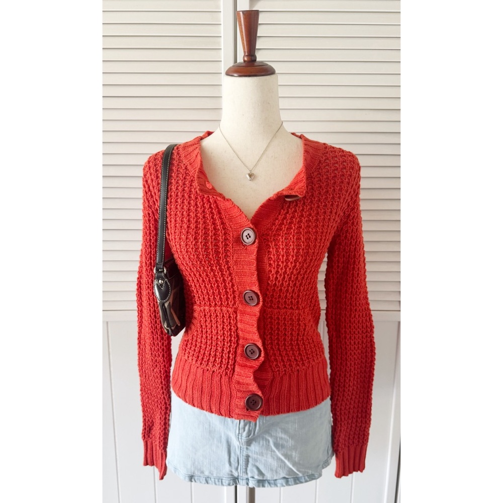 Moda International Orange Knitted Buttoned Cardigan Sweater